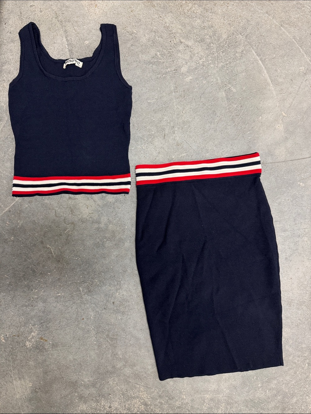 Navy Tank & Skirt Knit Two-Piece Set with Striped Waistband